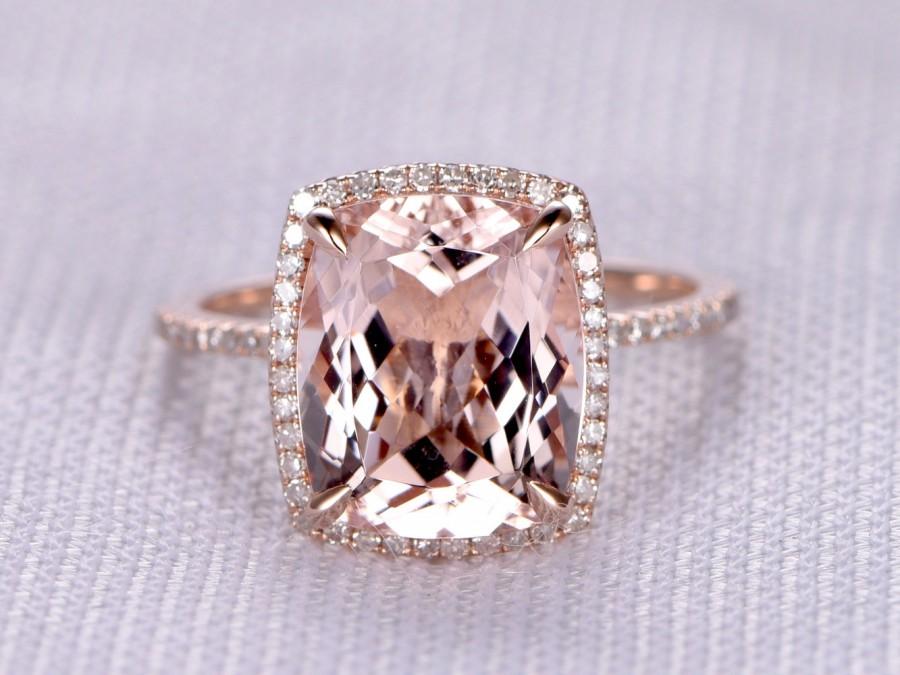 زفاف - 10x12mm Cushion BIG pink morganite Engagement ring,14k Rose gold,Halo Diamond Wedding Band,Bridal ring,Aquamarine Topaz Emerald available