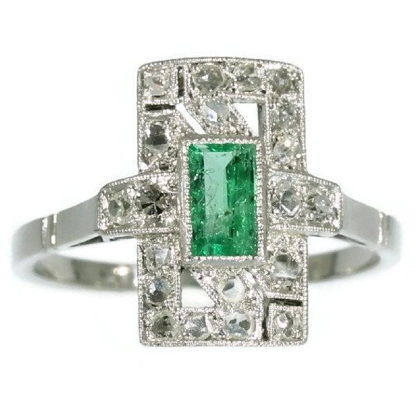 Hochzeit - Natural Emerald Engagement Ring Diamond Platinum Art Deco c1920
