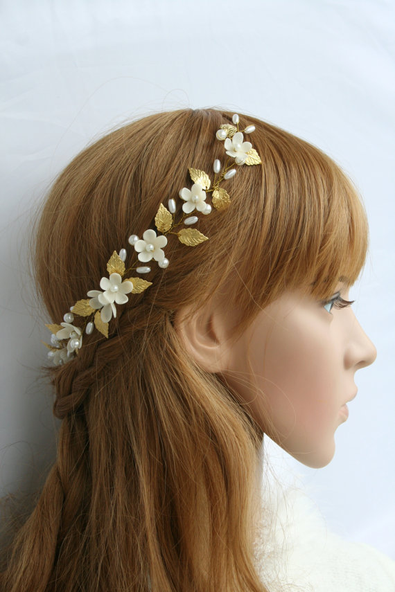 زفاف - Gold leaf, flower headpiece, Bridal flower headpiece, Wedding flower headpiece, Bridal tiara, weddig pearl tiara, hair accessories