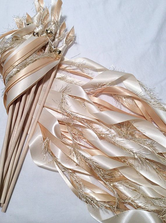زفاف - 100 Wedding Ribbon Wands Ivory And Toffee With Metallic Gold Frayed Ribbon And Bell Send Off Ribbon