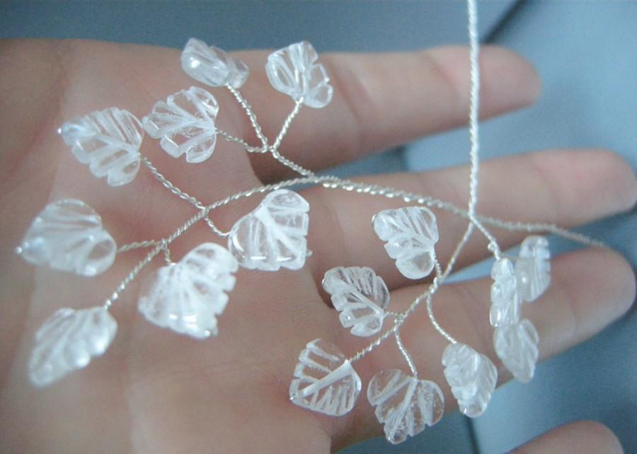 زفاف - Bridal crystal hair pins,  Frosted gemstone leafy branches in gold or silver, Leaf crystal hair pins - includes 3 pieces