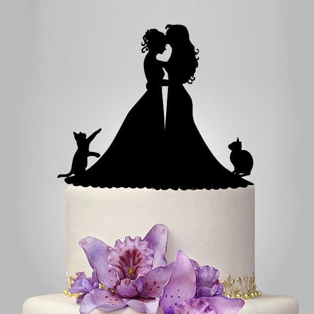 زفاف - Lesbian wedding cake topper, same sex cake topper, mrs and mrs wedding cake topper with 2 cat, lesbian silhouette, bride and bride