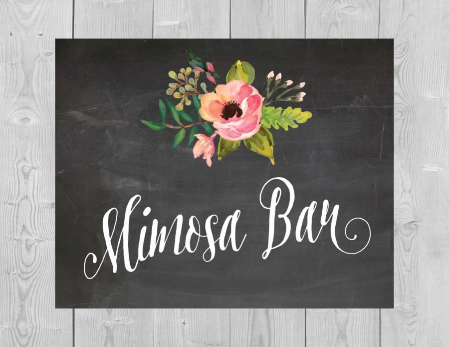 Свадьба - Printable Mimosa Bar Sign - 5x7 8x10 Chalkboard Floral Flower Watercolor Wedding Bridal Shower Champagne Bubbly Drinks Cocktail Bar