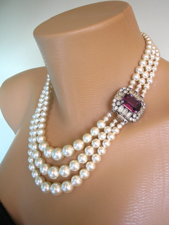 Hochzeit - AMETHYST and Pearl Necklace, Purple Bridal Choker, Great Gatsby, Art Deco, Rhinestone Necklace, Wedding Jewelry, Bridal Necklace