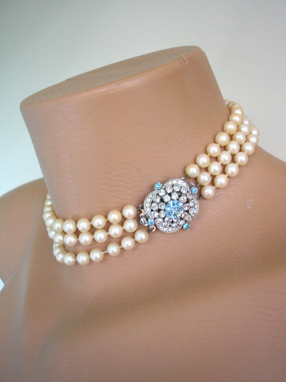 زفاف - Aquamarine Jewelry, Aquamarine Necklace, Pearl Choker, Vintage Pearls, Art Deco, Great Gatsby, Pale Blue, Turquoise Jewelry, Downton Abbey