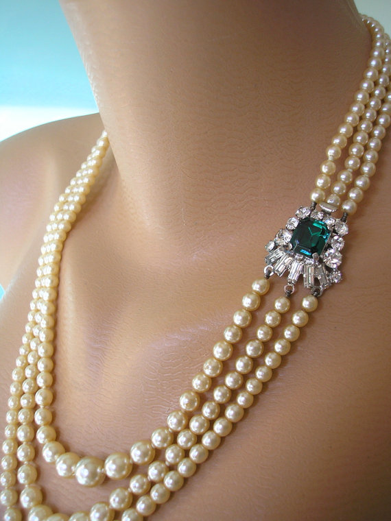 Mariage - EMERALD and Pearl Necklace, Emerald Bridal Choker, Great Gatsby, Deco, Rhinestone Necklace, Wedding Jewelry, Bridal Necklace, Pearl Necklace