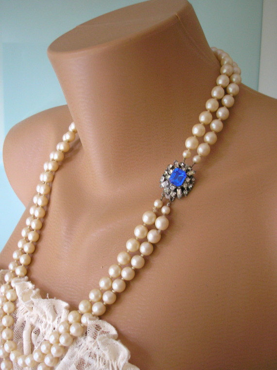 Hochzeit - Sapphire Necklace, Long Pearl Necklace, Pearl Bridal Jewelry, Blue Bridal Jewelry, Cobalt Rhinestone, Great Gatsby, Bridal Backdrop, Deco