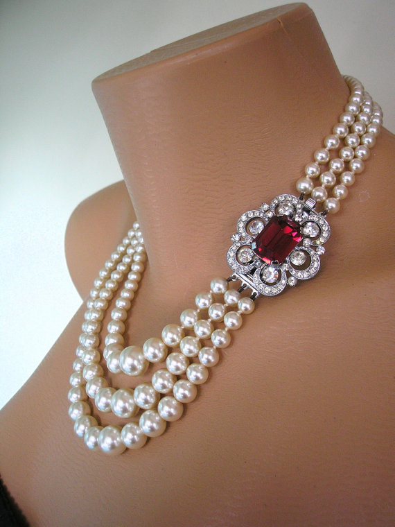 زفاف - Pearl And Ruby Necklace, Pearl Choker, Mother of the Bride, Bridal Jewelry, Great Gatsby, 3 Strand, Ruby Choker, Wedding Jewelry, Deco