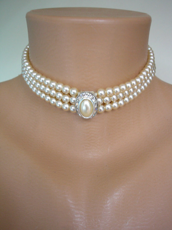 Mariage - Pearl Choker, Cream Pearls, Great Gatsby, Pearl And Rhinestone, 3 Strand Pearls, Vintage Bridal, Bridal Choker, Gatsby Jewelry, Art Deco