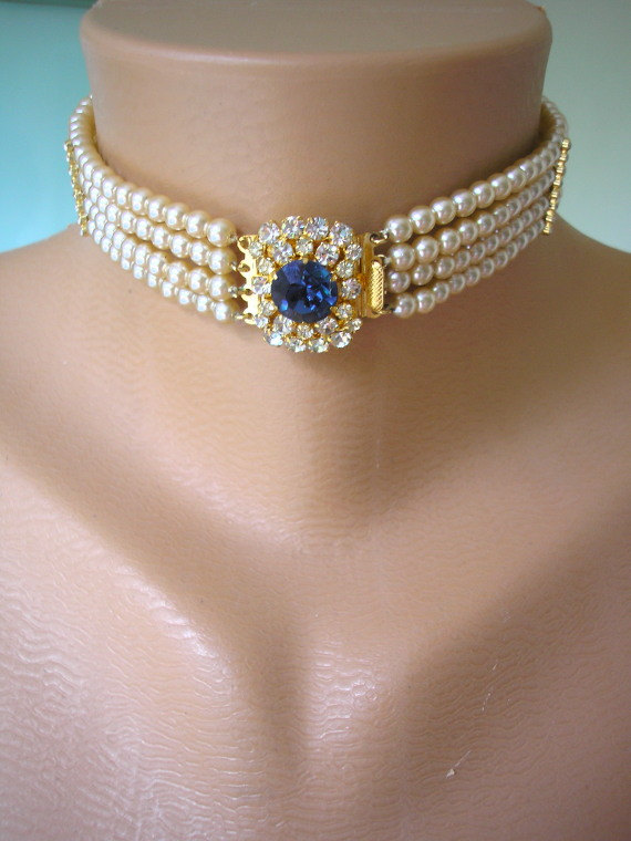 Hochzeit - SAPPHIRE Bridal Choker, Great Gatsby, Pearl Choker, Bridal Jewelry, Pearl Necklace, Pearl And Sapphire Necklace, Art Deco Statement