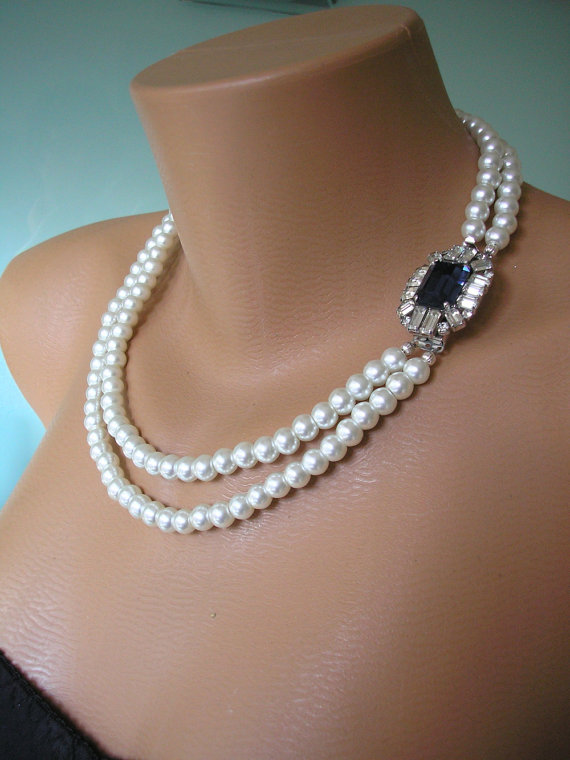 Свадьба - SAPPHIRE Necklace, Pearl Necklace, Great Gatsby Jewelry, Statement Necklace, Pearl Choker, Wedding Necklace, Bridal Jewelry, Art Deco, Blue