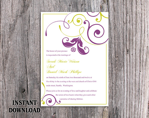 Wedding - DIY Wedding Invitation Template Editable Word File Instant Download Printable Purple Invitation Green Invitation Elegant Floral Invitation