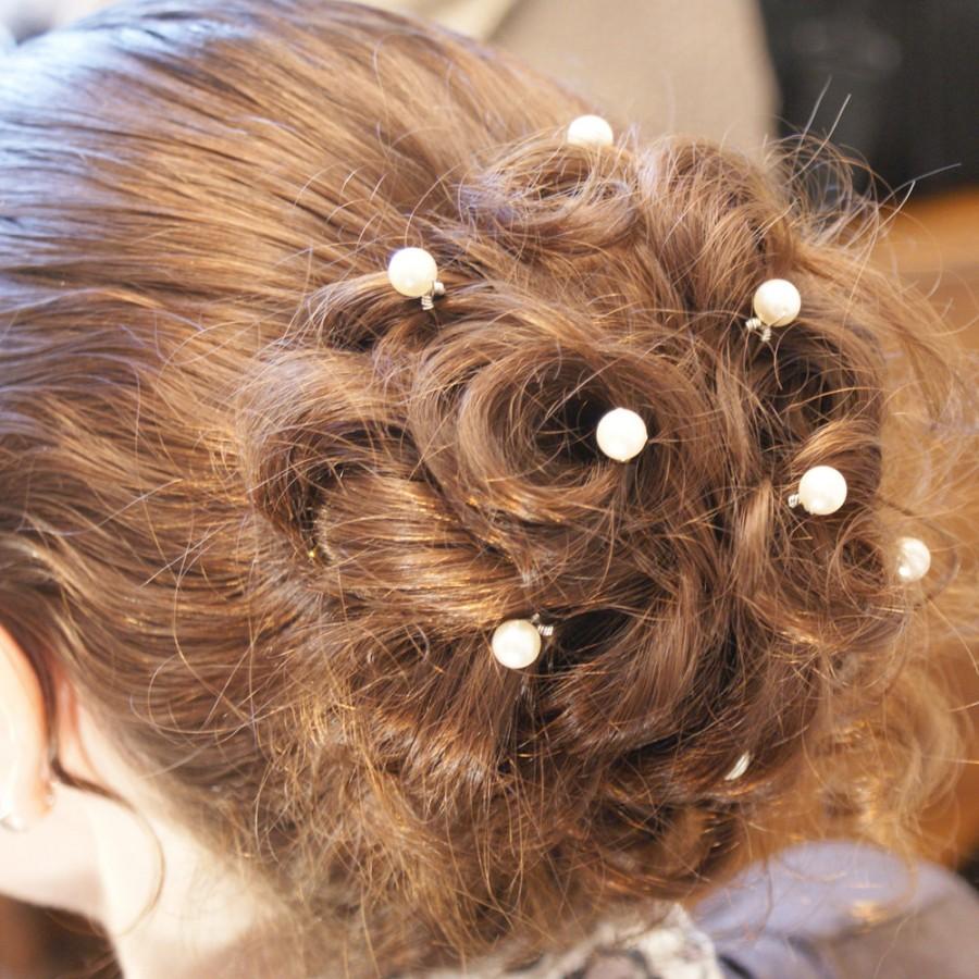 Wedding - White Pearl Hair Pins. Set of 5, 8mm White Swarovski Crystal Pearls. Bridal Hair Accessories.