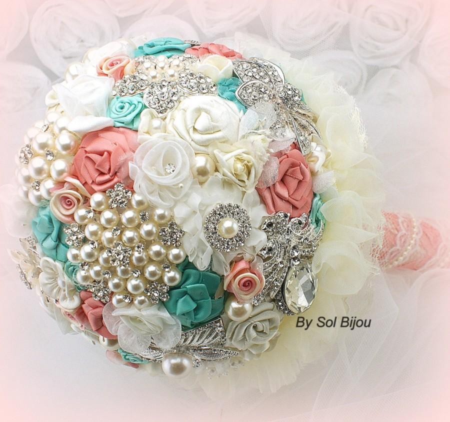 Hochzeit - Brooch Bouquet, Coral, Ivory, Cream, Turquoise, Aqua, Blue , Bridal, Elegant Wedding, Vintage Style, Jeweled, Pearls, Crystals, Lace,