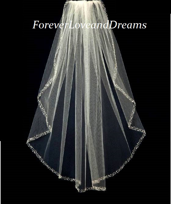 Hochzeit - Crystal beaded edge wedding veil, ivory crystal wedding veil, pearl beaded bridal veil, hip lenght crystal pearl edge veil