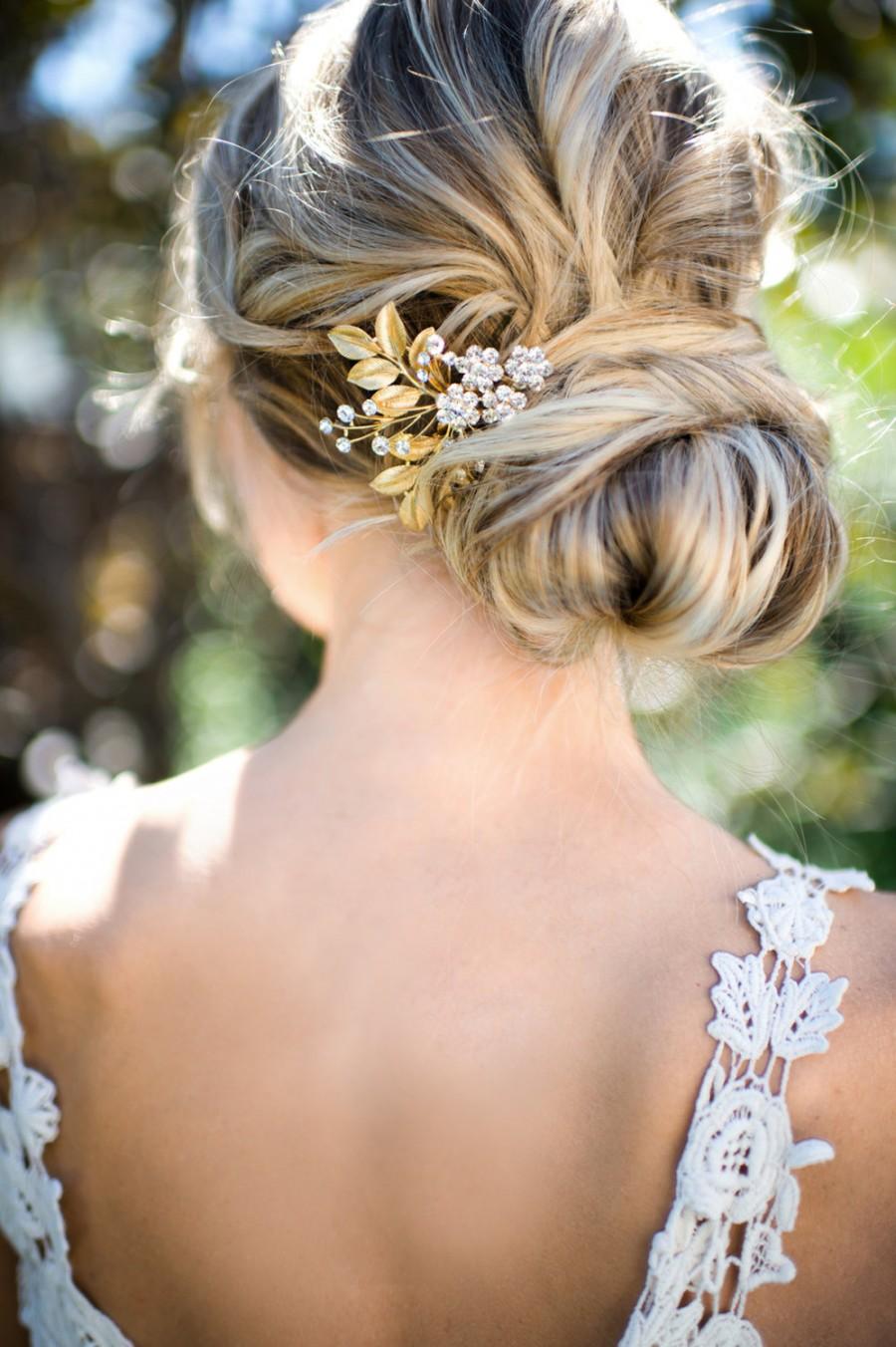 Wedding - Gold Leaf Laurel Hair comb, Boho Bridal hair comb, Vintage Bridal Crystal haircomb, Bohemian Wedding Gold Hair accessory - 'AUGUSTINA'