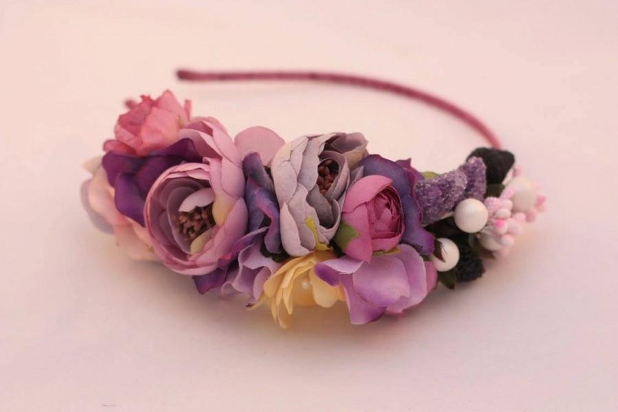 زفاف - Purple flower headband, Flower Crown, Shabby chic headband, Hair Accessories, Handmade Violet Bridal Crown, Purple Headpiece, Three Snails