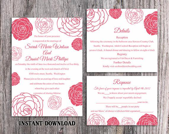 Свадьба - DIY Wedding Invitation Template Set Editable Word File Instant Download Printable Flower Invitation Rose Wedding Invitation Pink Invitations