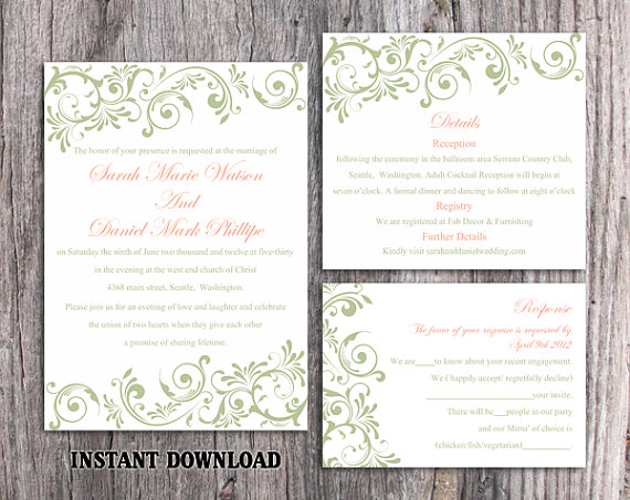 Wedding - DIY Wedding Invitation Template Set Editable Word File Instant Download Printable Invitation Olive Wedding Invitation Green Invitations