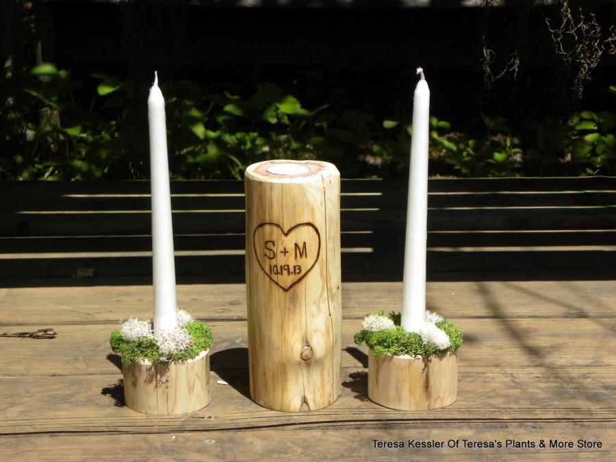 زفاف - Rustic Mossy Woodland Wedding Unity Candle Sets-PERSONALIZED Made to order-Wooden Tea light Candle Holders