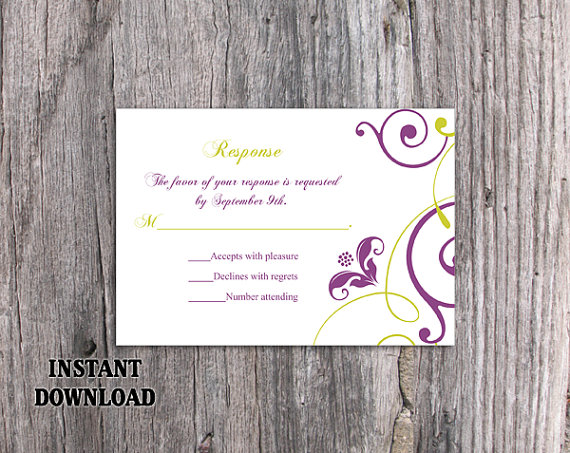 Hochzeit - DIY Wedding RSVP Template Editable Word File Download Rsvp Template Printable Purple RSVP Card Green Rsvp Card Template Elegant Rsvp Card