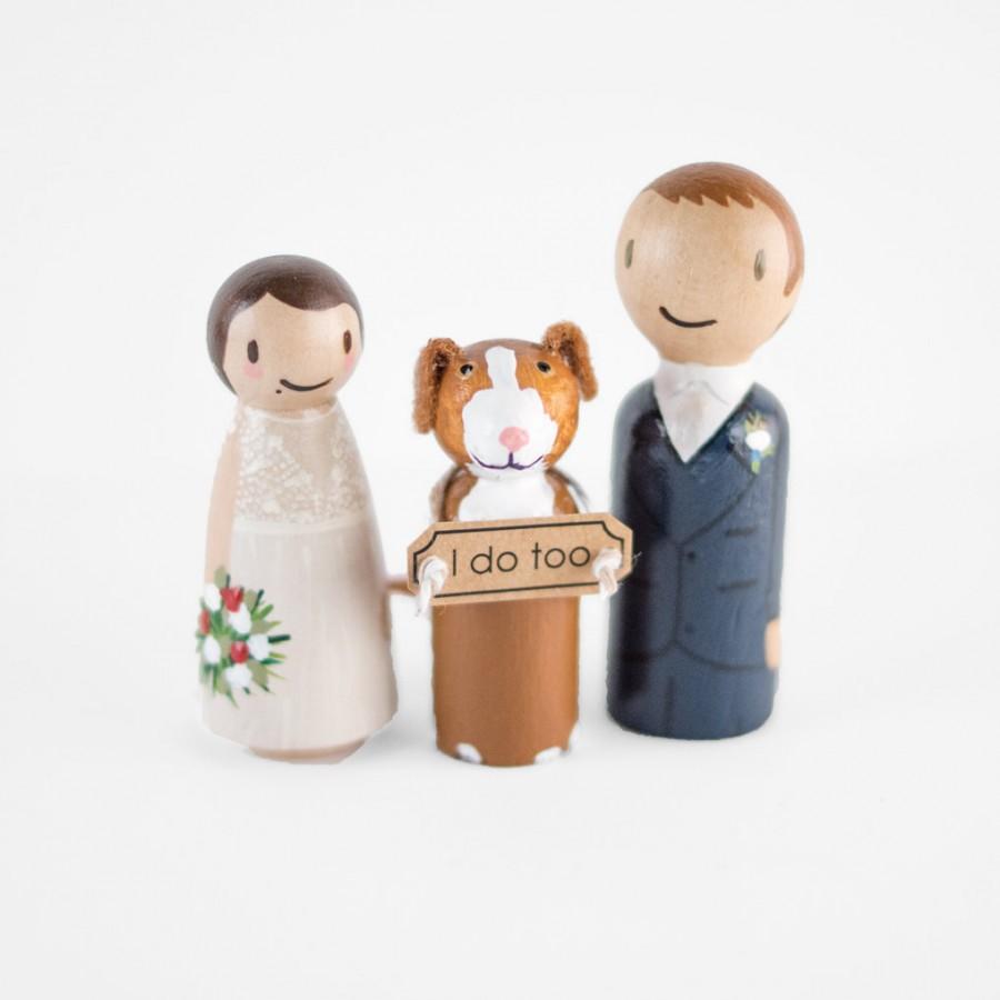 Wedding - Cake Topper with Dog - couple with dog - dog cake topper - peg doll wedding cake topper - dog wedding sign - peg people cake topper with dog