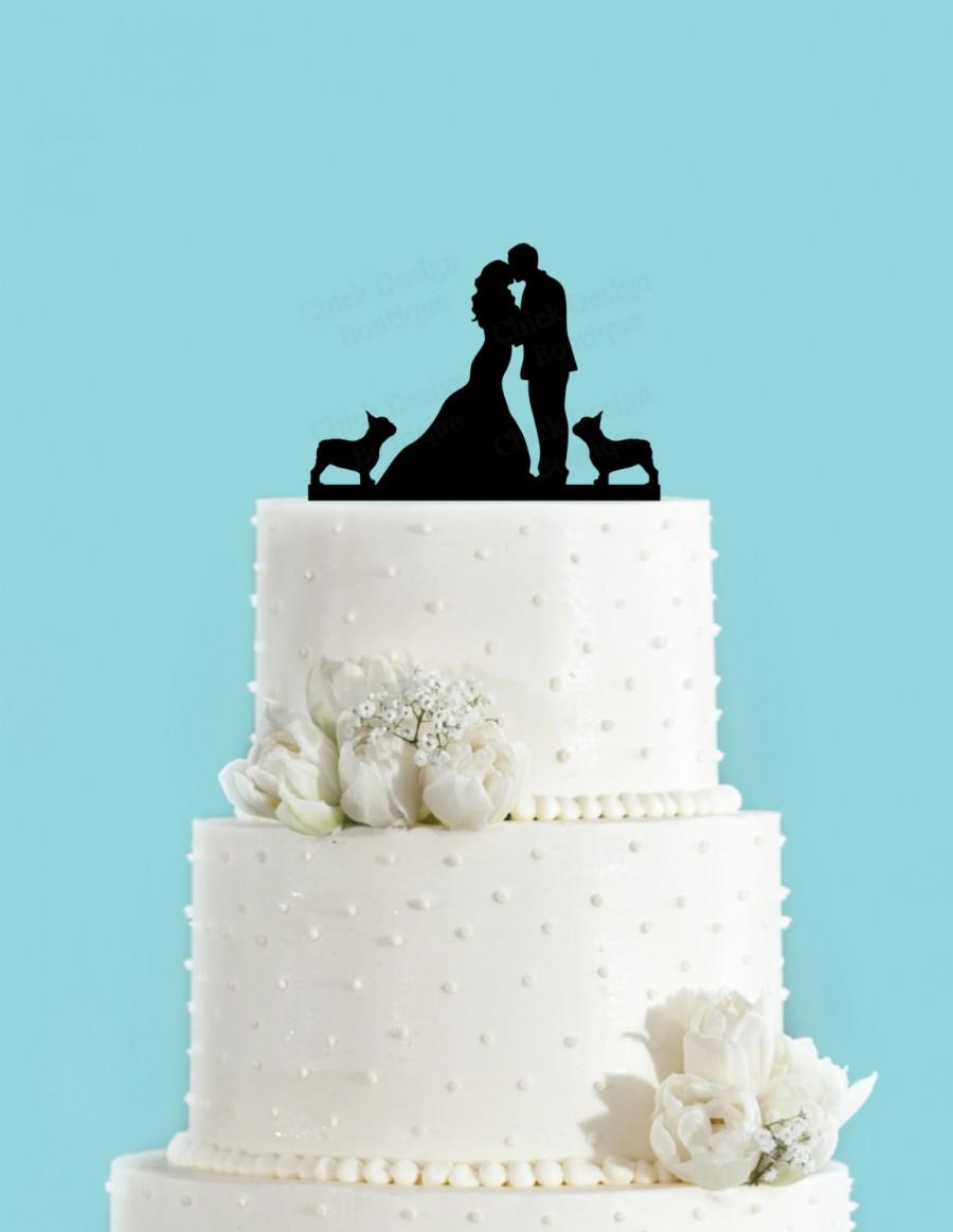 زفاف - Couple Kissing withTwo French Bulldogs Wedding Cake Topper