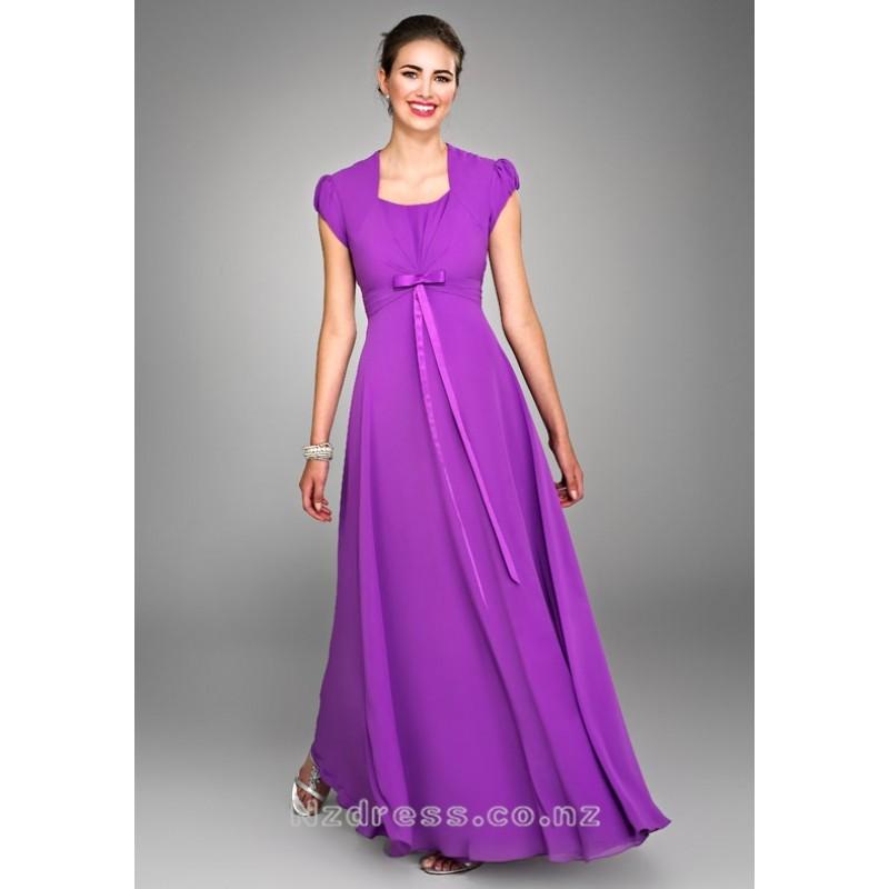 Hochzeit - Beautiful Purple Square Neckline Sash / Ribbon Empire Wasit Chiffon Satin Gown with Cap Style Sleeves for Bridesmaid