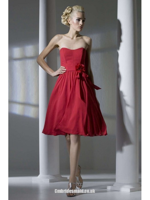 Wedding - Fasion Red Short Uk Bridesmaid Dresses UK with Strapless,A-line,Chiffon Fabric,Knee-length