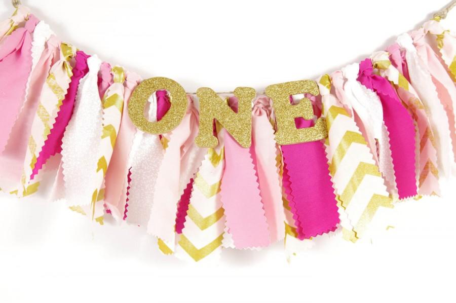 Hochzeit - Pink & Gold Birthday Highchair Banner - Girl's Birthday Party - Princess Birthday - SPARKLE - Rag Banner - Photography Prop