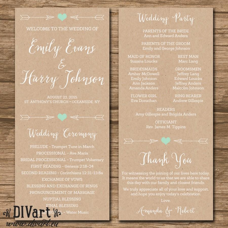 Mariage - Rustic Wedding Program, Ceremony Program - PRINTABLE files - rustic wedding, garden wedding, arrows, heart, kraft paper and mint - Emily
