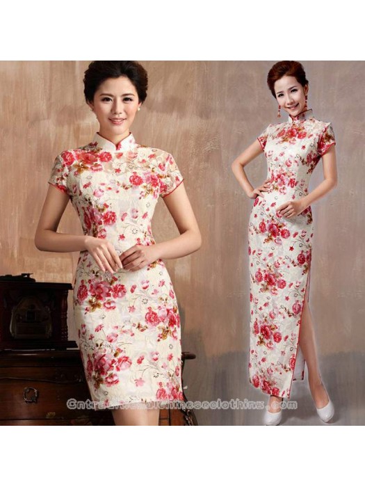 Wedding - Floral lace cheongsam white and red modern qipao sheath dress