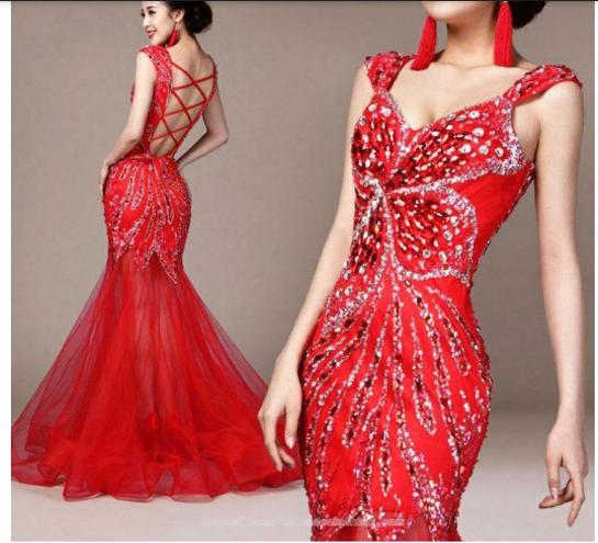 Wedding - Floral inspired beaded floor length evening dress red mermaid bridal wedding gown