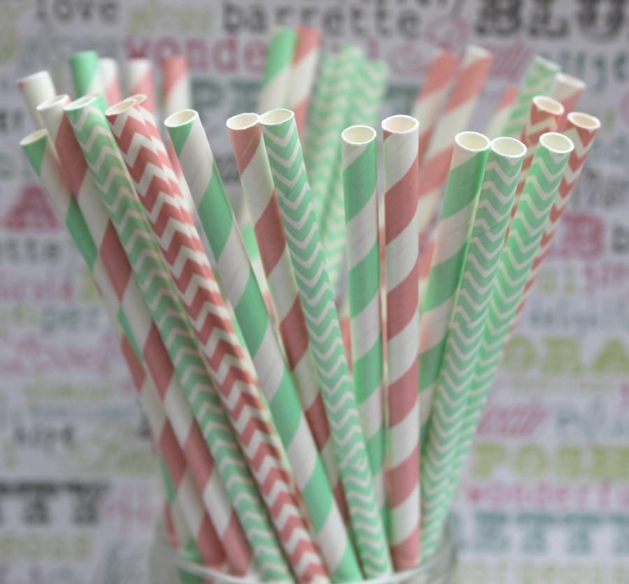Mariage - 50 Mint and Blush Pink Party Straws, Pink and Mint Wedding Party Straws, Pink and Green Drinking Straws with Printable DIY Flag Template