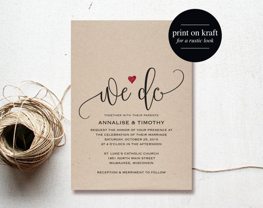 Hochzeit - We Do Wedding Invitation Template, Rustic Kraft Invitation, Heart Wedding Invitation, Red, Kraft Printable, PDF Instant Download 