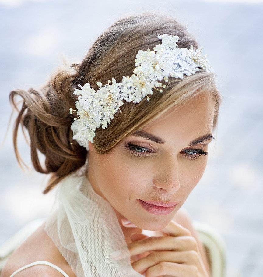 Hochzeit - Wedding lace halo. Lace hair vine wrap. Bohemian wedding hair accessory. Wedding hair crown. Wedding hair vine.  Wedding headband ribbon.