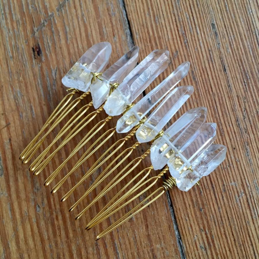 Mariage - Raw Crystal Quartz Comb - Natural Rock Crystal Shards on a Gold Hair Comb - Healing Powerful Beautiful Hair Accessory.