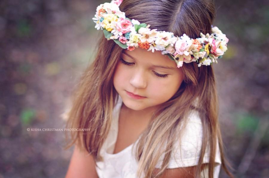 Свадьба - Woodland crown full Flower girl halo Hair Wreath peach coral yellow floral crown circlet bridal party wedding spring accessories photo prop