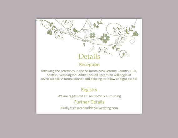 Wedding - DIY Wedding Details Card Template Editable Word File Download Printable Details Card Olive Green Details Card Elegant Information Cards
