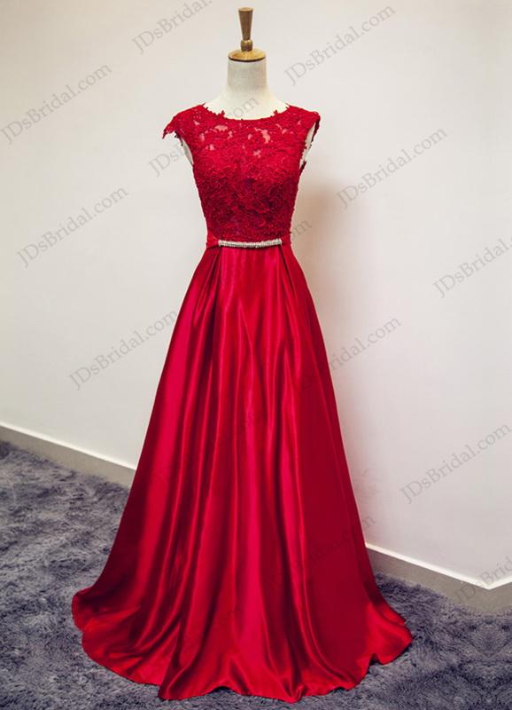 Mariage - PD16032 Red illusion bateau neck deep v back prom evening dress