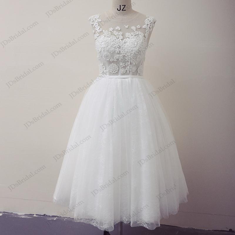 Wedding - JW16211 Sexy illusion lace tulle top sweetheart shape open back short wedding dress