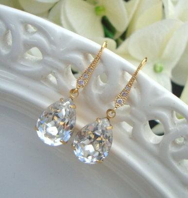 Свадьба - Gold Rhinestone Earrings, Gold Bridal Earrings, Swarovski Teardrop Rhinestone, Pear Shape, Statement Bridal Earrings, Crystal Earrings, ARIA