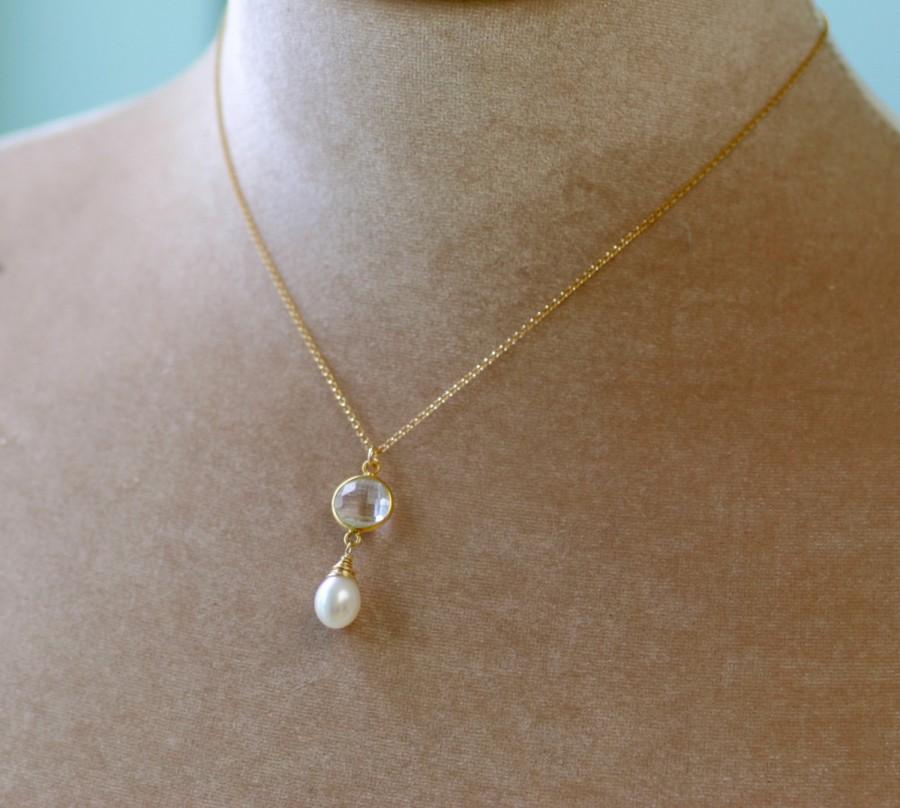 Hochzeit - Gold bridal necklace pearl, crystal necklace, pearl drop necklace, bridal back drop necklace, bridal jewelry pearl - Bess
