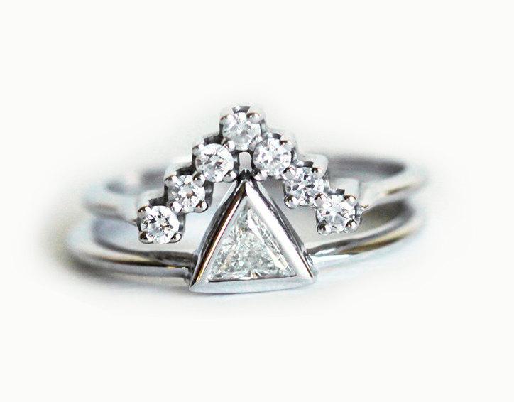 Wedding - White gold wedding set, Trillion diamond set, wedding ring set, white gold diamond ring, 18k white gold