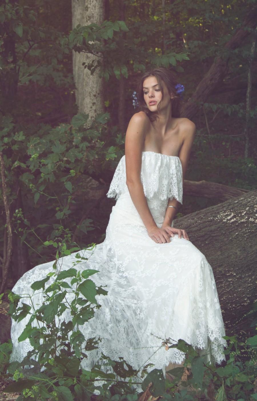 Wedding - Strapless Bridal Gown, Bohemian Wedding Dress, Lace Wedding Gown - "Iver"