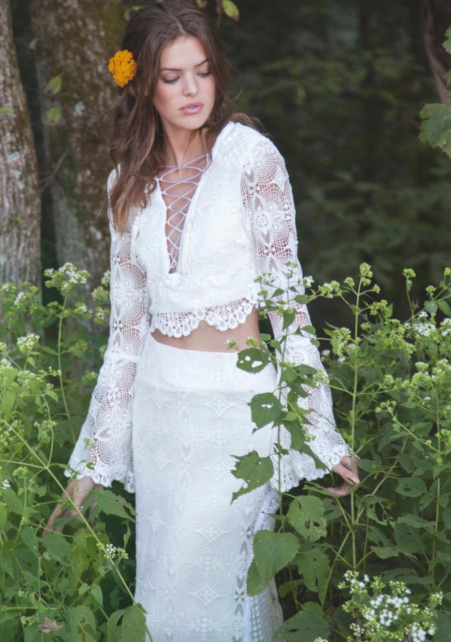 Hochzeit - Crochet Lace Wedding Dress, Two Piece Gown, Lace Up Gown, Long Sleeves Wedding Dress - "Fleetwood"