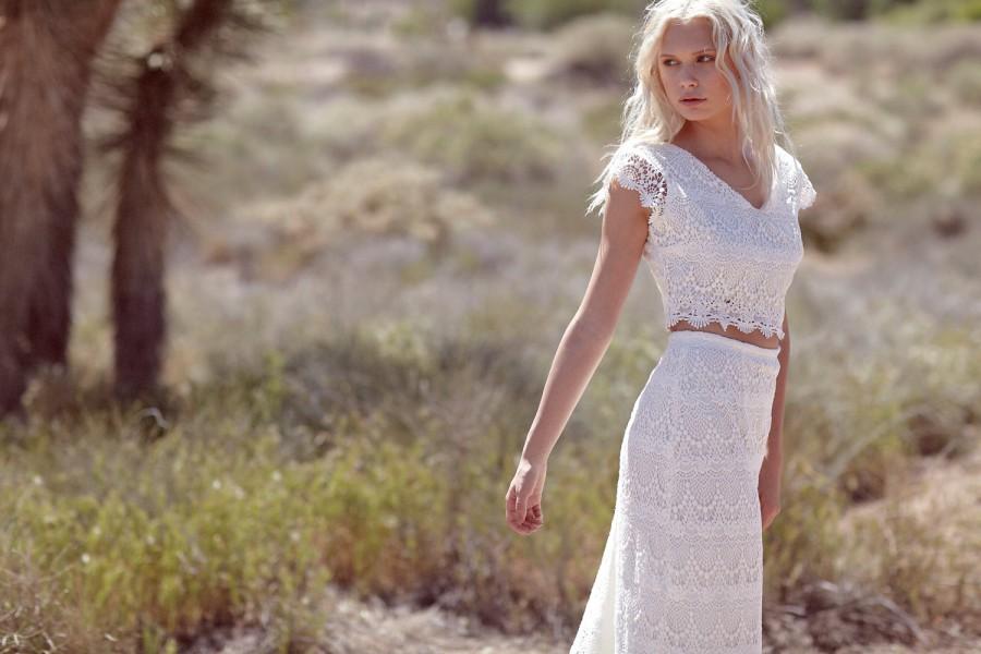 Bohemian Wedding Gown Maxi Dress Crochet Lace Dress Two Piece Dress Short Sleeve Bridal Gown