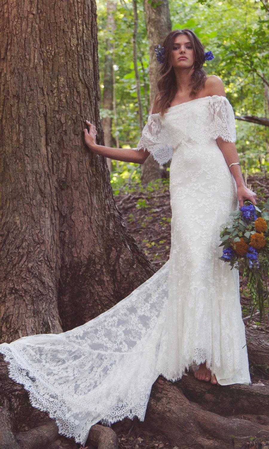 Wedding - Off The Shoulder Wedding Dress, Lace Bridal Gown, Scalloped Lace Wedding Dress, Vintage Inspired Gown - "Laurence"