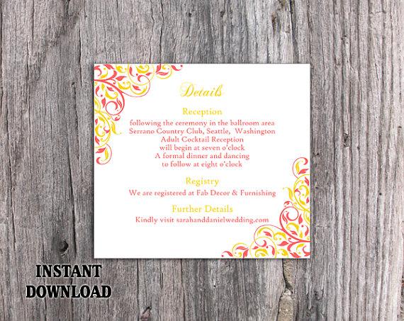 Hochzeit - DIY Wedding Details Card Template Editable Word File Download Printable Coral Details Card Pink Yellow Details Card Elegant Information Card