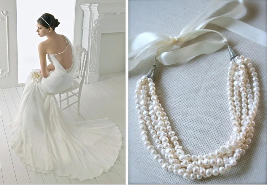 Hochzeit - Freshwater Pearl Bridal Necklace, Boho Strand Necklace, Jewelry Trends 2016, Ribbon Bib Pearl Necklace, Bridal Pearl, Statement Necklace